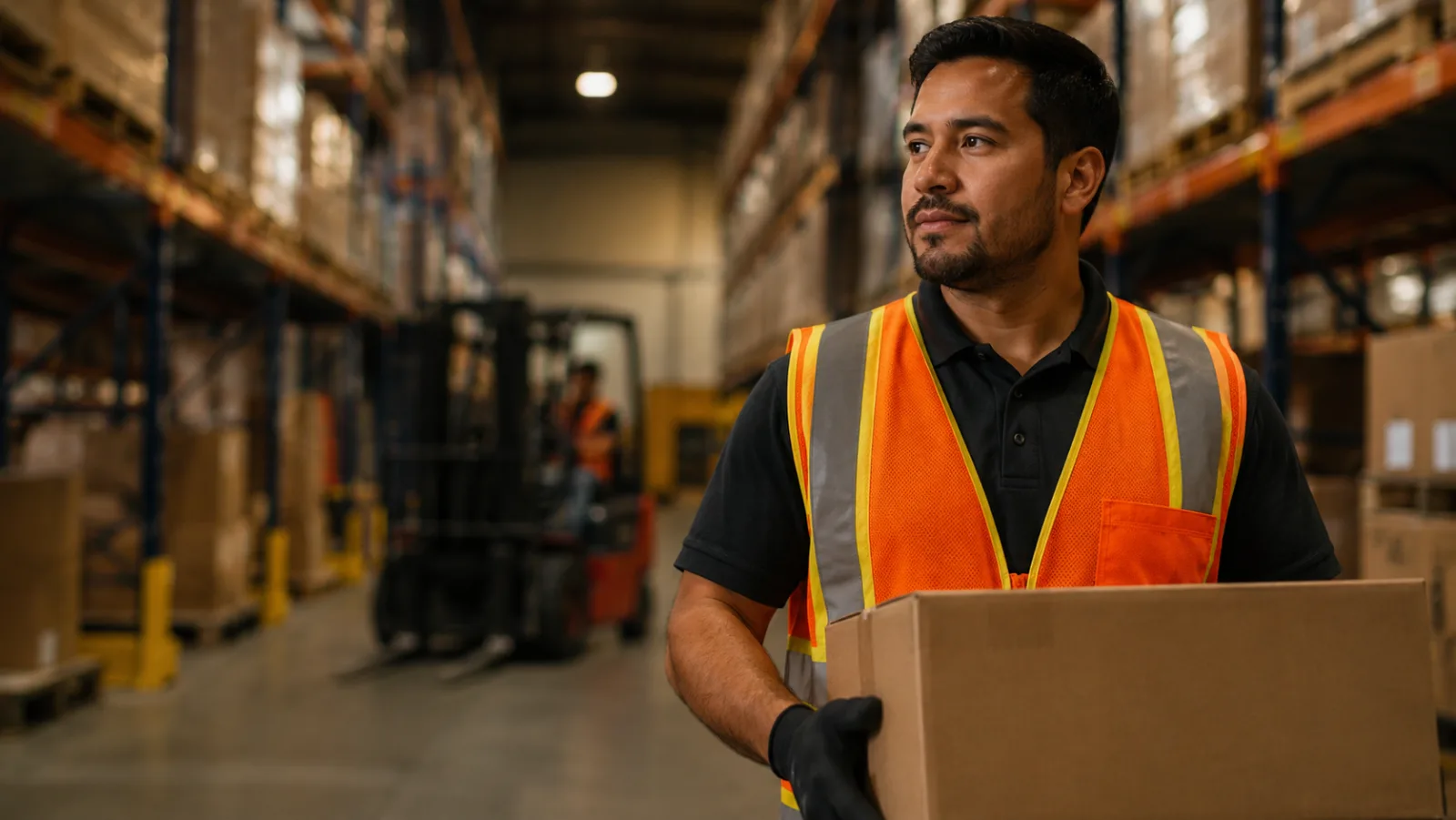 Warehouse worker in a safety vest preparing boxes in a distribution center
